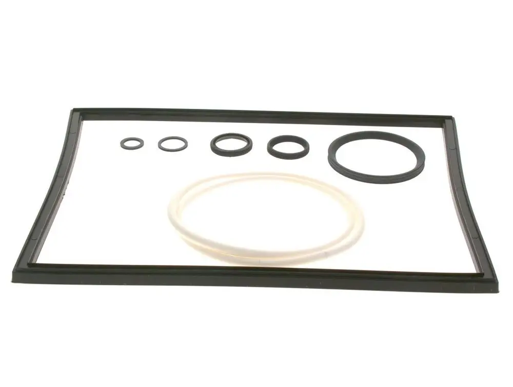 Dichtungsset von Bosch bestehend aus verschiedenen O-Ringen und Dichtungen, angeordnet auf einer flachen Oberfläche.